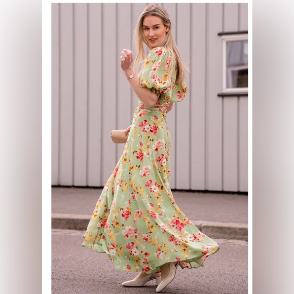 ByTimo Satin Green Bouquet Floral Print Ruched Gown - Picture 2 of 10